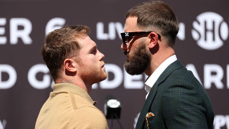 Canelo Alvarez and Caleb Plant during a face-off before a press conference ahead of their super middleweight fight