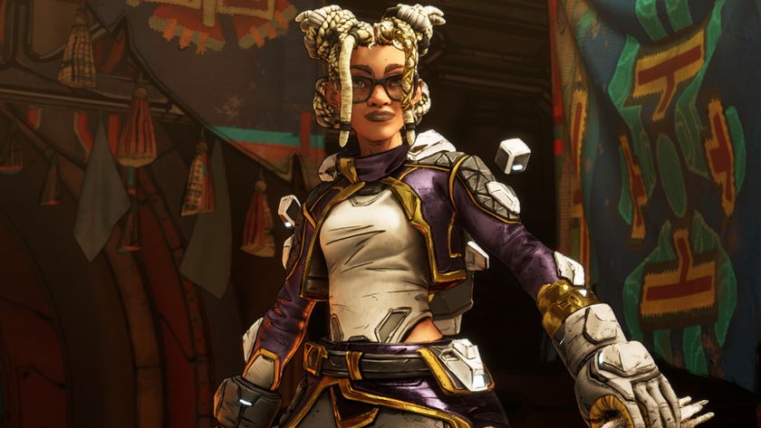 Borderlands 4 firmware: An upper-body shot of Harlowe smiling as she begins to raise her left hand, holding a relic.