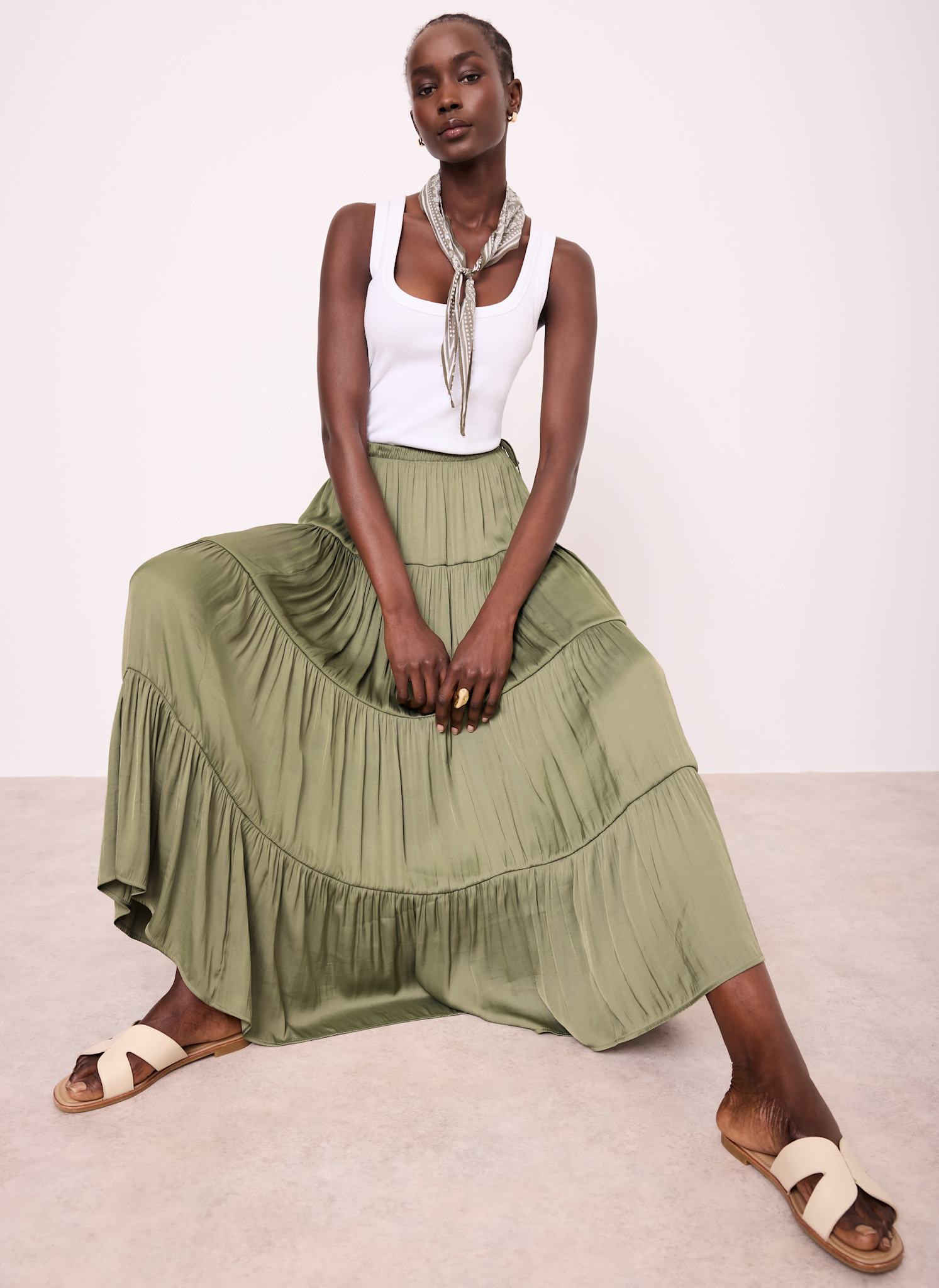 Khaki Satin Tiered Maxi Skirt