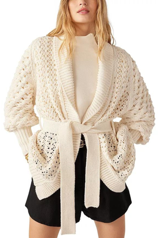 belted white cardigan