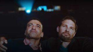 Haaz Sleiman and Michael Cassidy in a movie theater on Breaking Fast