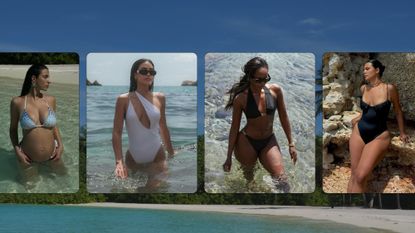 A collage of the best swimsuits for every body type shown on women wearing different types of bathing suits.