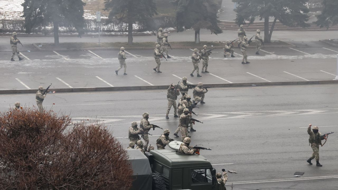 Security forces on the streets in Almaty, Kazakhstan