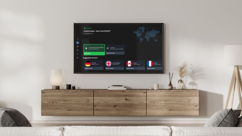 NordVPN smart TV app showing on flatscreen TV on wall with white background