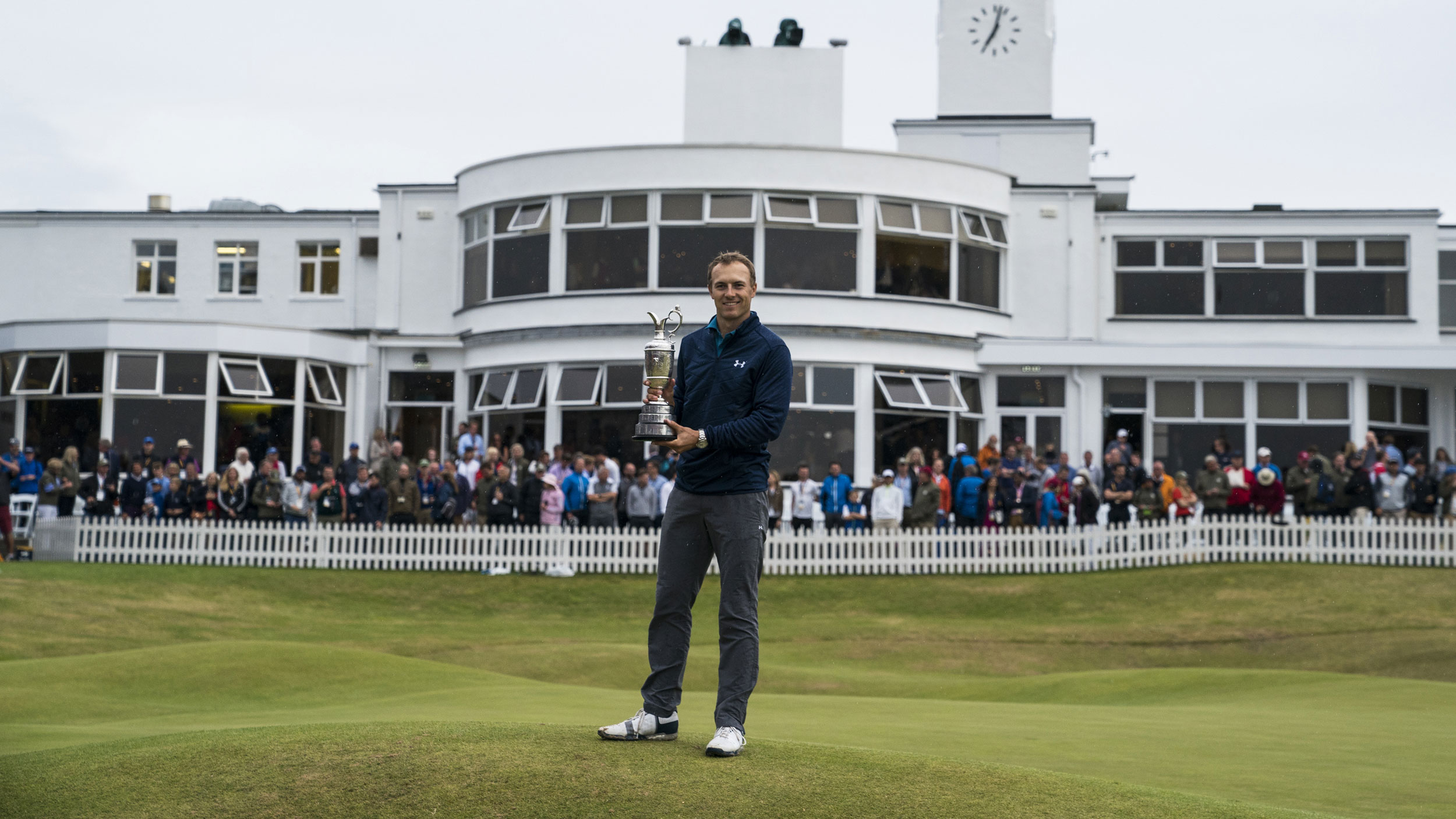 Jordan Spieth poses with the Claret Jug after winning at Royal Birkdale in 2017