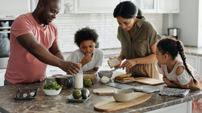 Image of a family eating at a breakfast bar