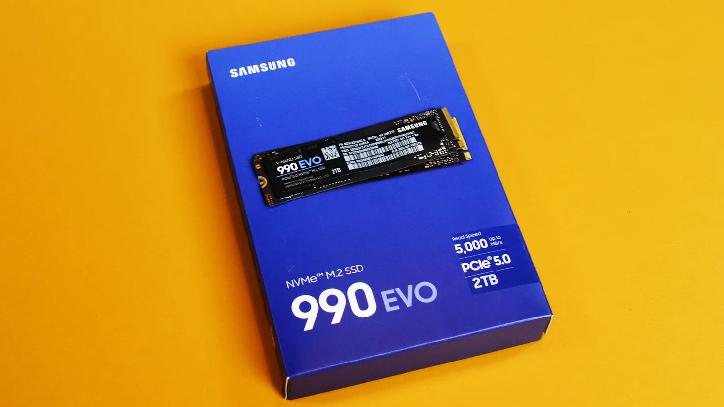 A Samsung 990 EVO SSD on a desk