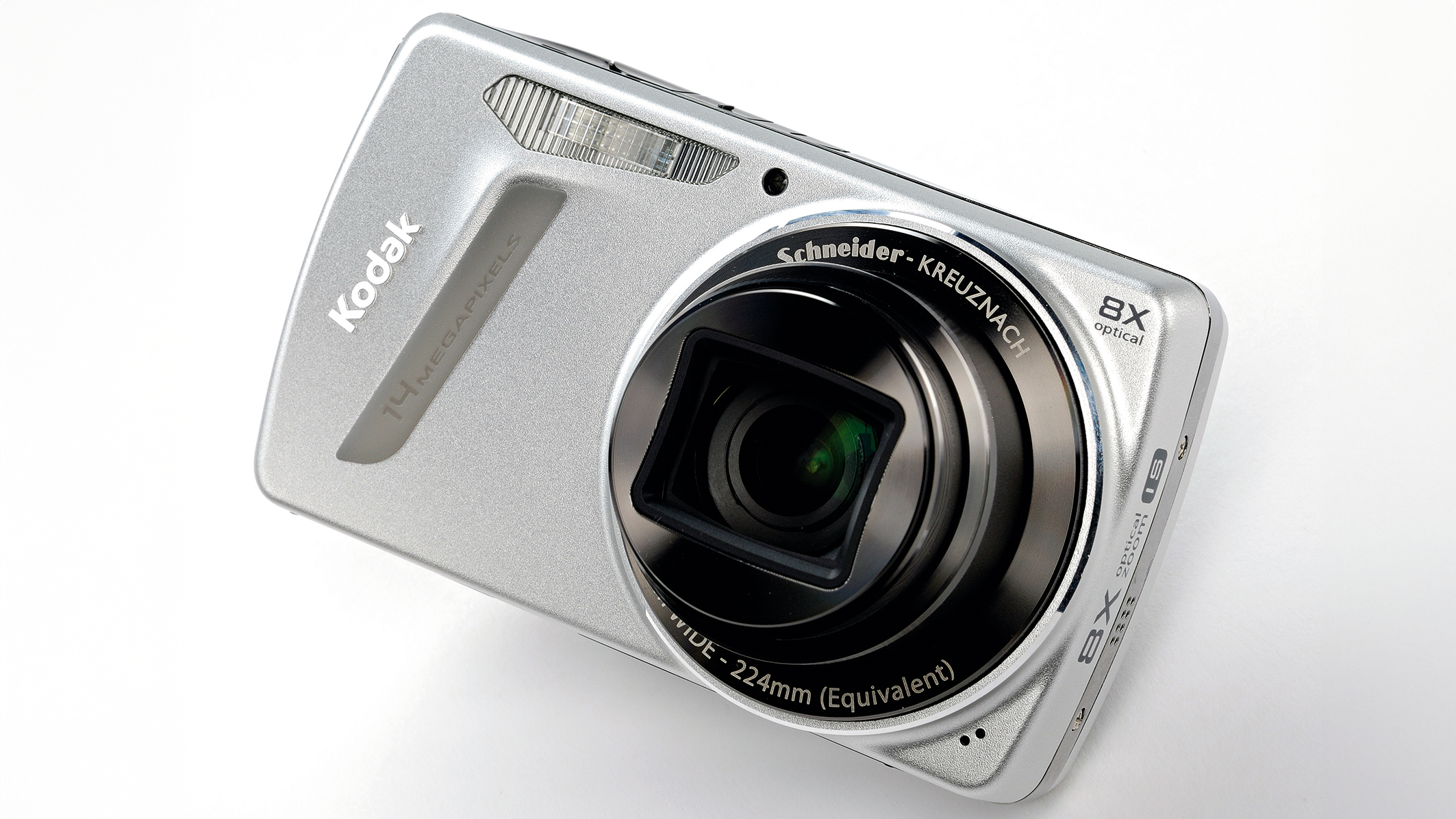 Kodak Easyshare M580: Silver Kodak digital camera with an 8x optical zoom lens and Schneider-Kreuznach label. Flash is visible above the lens