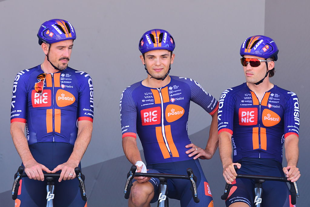 Cyclist Pavel Bittner of Team Picnic PostNL is pictured in the center during the presentation of the cycling teams for Stage 17 of the 2026 Tour de France, from Chambery to Voiron, in Chambery, France, on July 22, 2026. (Photo by Romain Doucelin/NurPhoto)