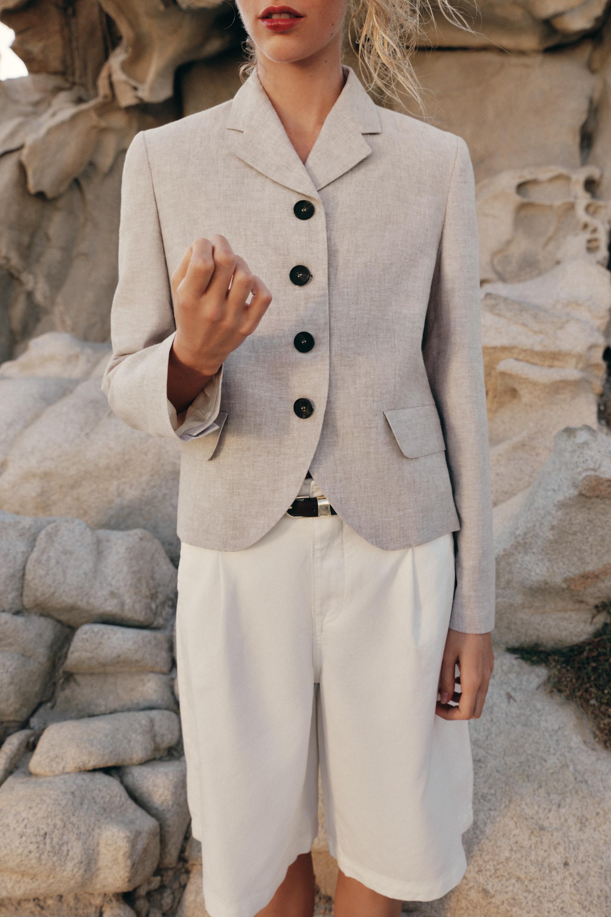Straight Cut Linen Blazer With Darts - Sand / Marl - Xs