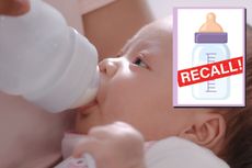 Baby feeding from bottle main image with drop in of recall icon with baby bottle