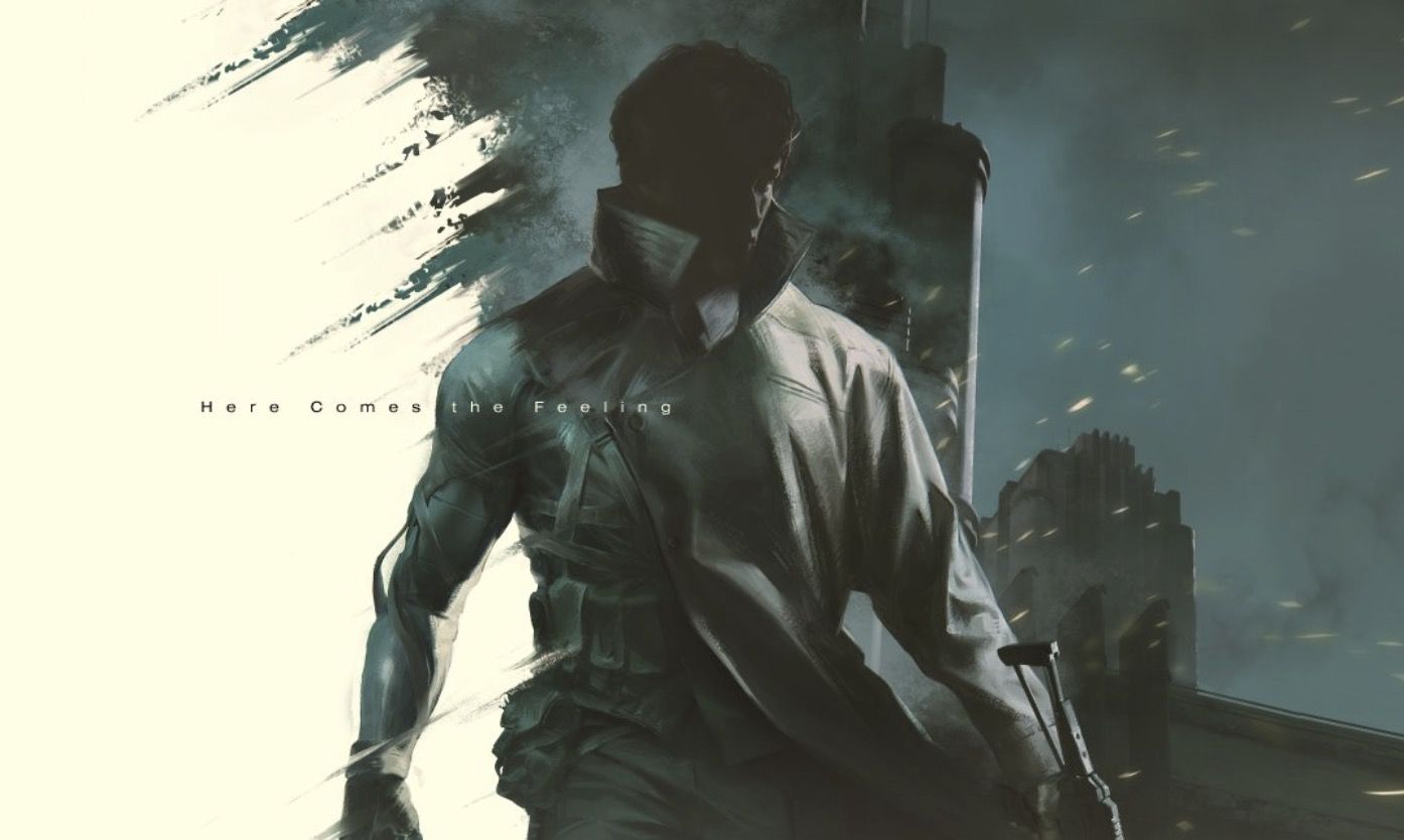 A man with a shadowy face walks through a dark urban environment