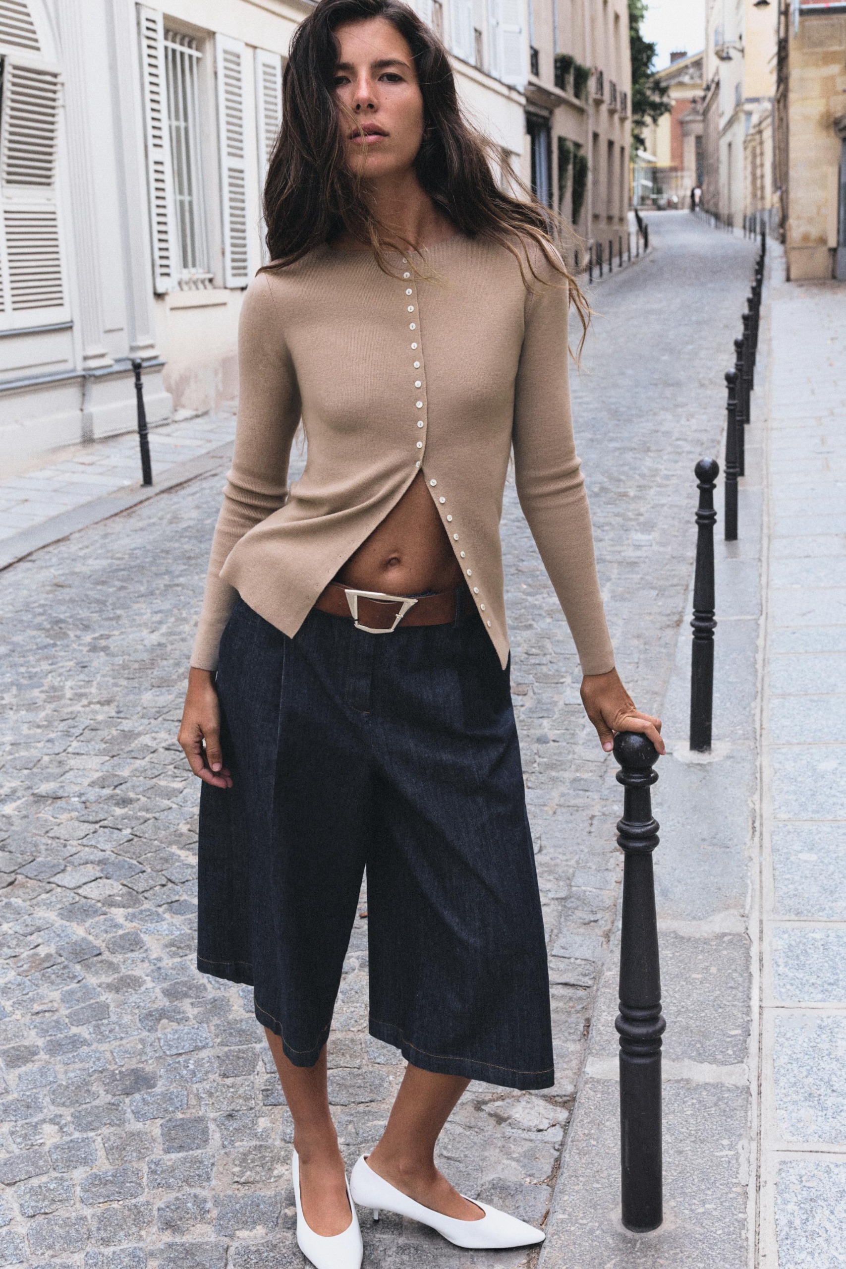 Wool Blend Buttoned Cardigan - Camel - S