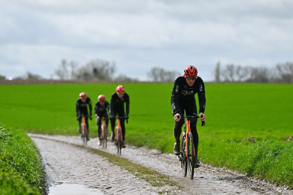 ROUBAIX FRANCE APRIL 04 Connor Swift of Great Britain and Team INEOS Grenadiers trains at the Solesmes cobblestones sector during the 121st ParisRoubaix 2024 Previews UCIWT on April 04 2024 in Roubaix France Photo by Luc ClaessenGetty Images