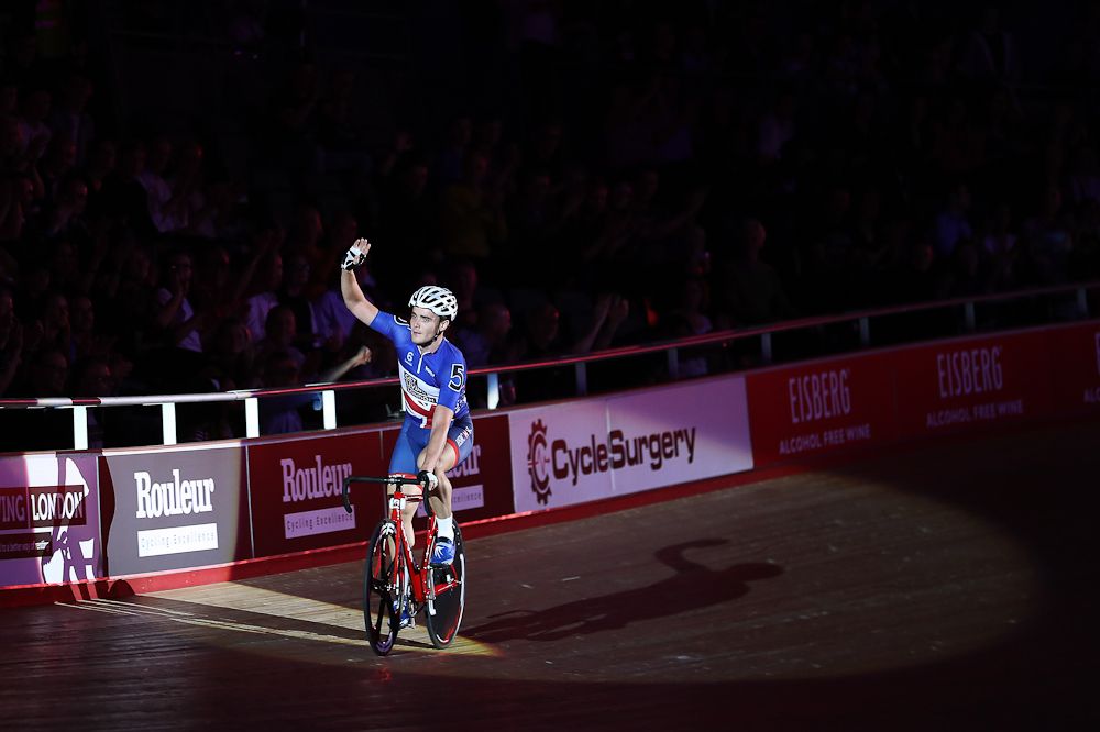 Stephen Burke of Great Britain celebrates winning the Team Elimination race during day one of the London Six Day