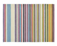 A multicoloured striped outdoor rug