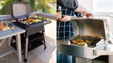 A split panel image demonstrating electric grills vs gas grills - an Everdure Force gas grill and a Coyote 182 electric grill