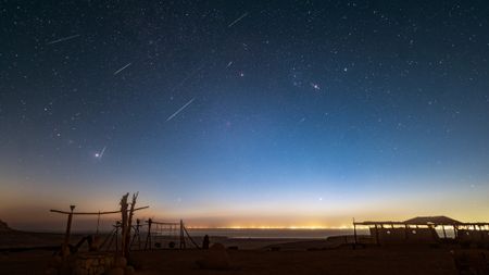 shooting stars are pictured streaking through a starry night sky above a desert. A well and wooden swing set is visible in the foreground, and a glow can be seen creeping into the horizon from a settlement bordering the far side of a lake.