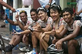 Riders from the Terengganu Cycling Team were well pleased with their stage winner Anuar Manan (far left).
