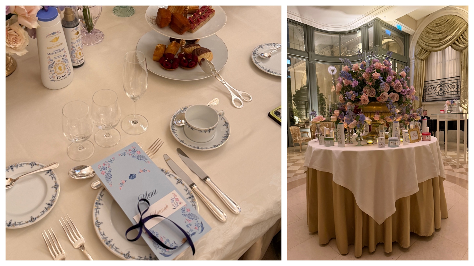 dove beauty products on a white table with flowers and plates