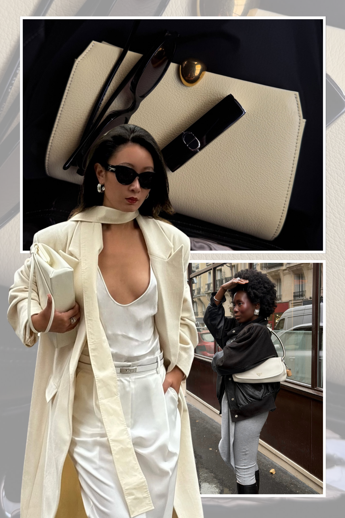 A selection of stylish fashion people carrying fresh ecru coloured handbags