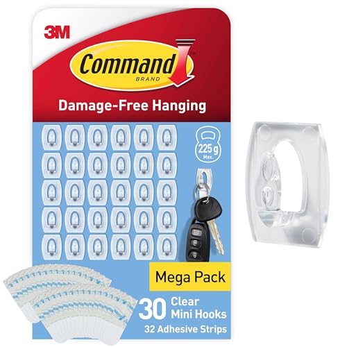 Command Clear Mini Hooks With Clear Strips, Multi Pack of 30 Hooks + 32 Adhesive Strips - Indoor Use - Suitable for Hanging Items Up to 225g - Damage Free Hanging