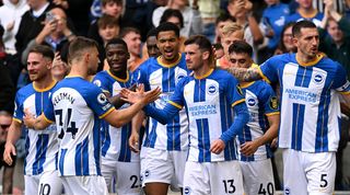 Brighton players celebrate one of their goals in the 3-1 win over Southampton in May 2023.