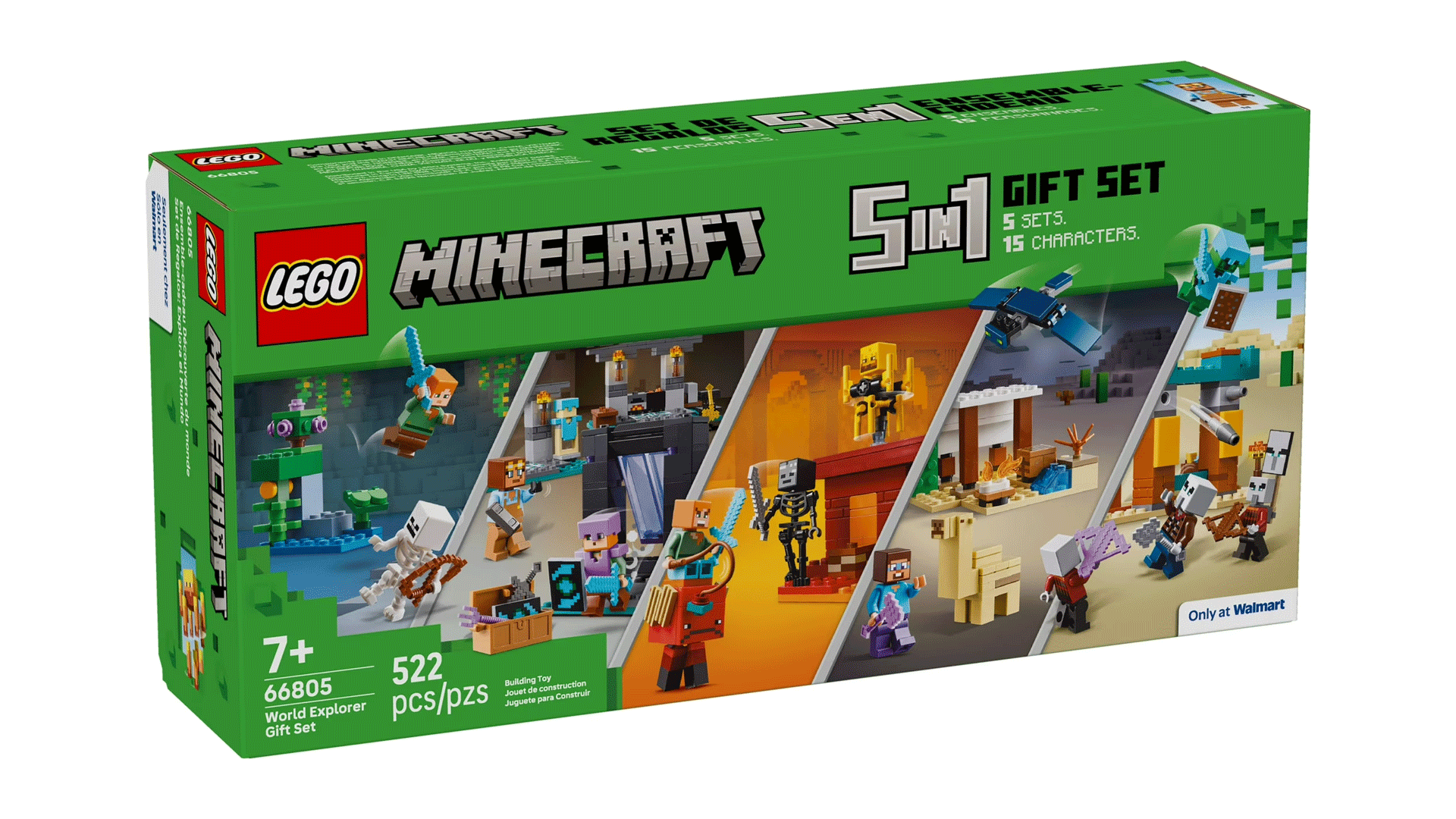 Walmart&#039;s exclusive Lego Minecraft 5-in-1 gift set box detailing all the sets included