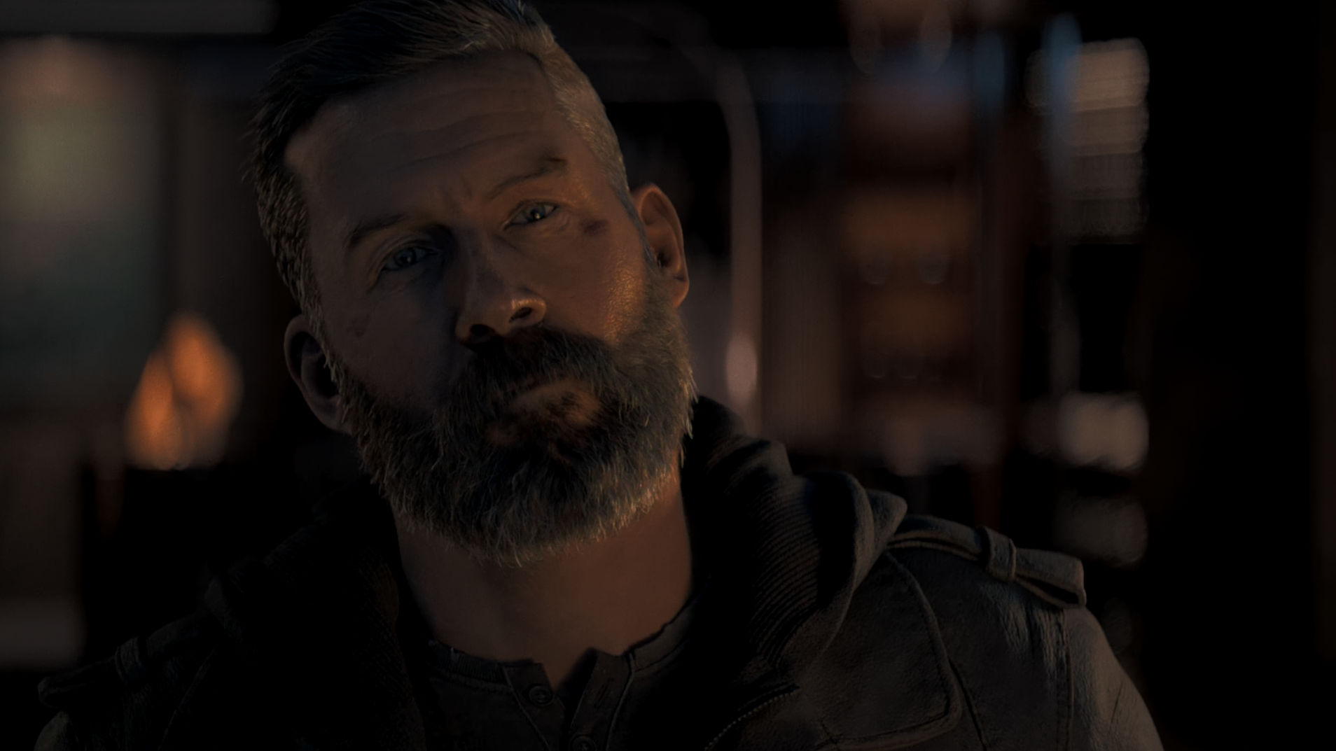 Call of Duty: Modern Warfare 4's Captain Price stands in a dimly lit office with wounds on his face after a fist fight.