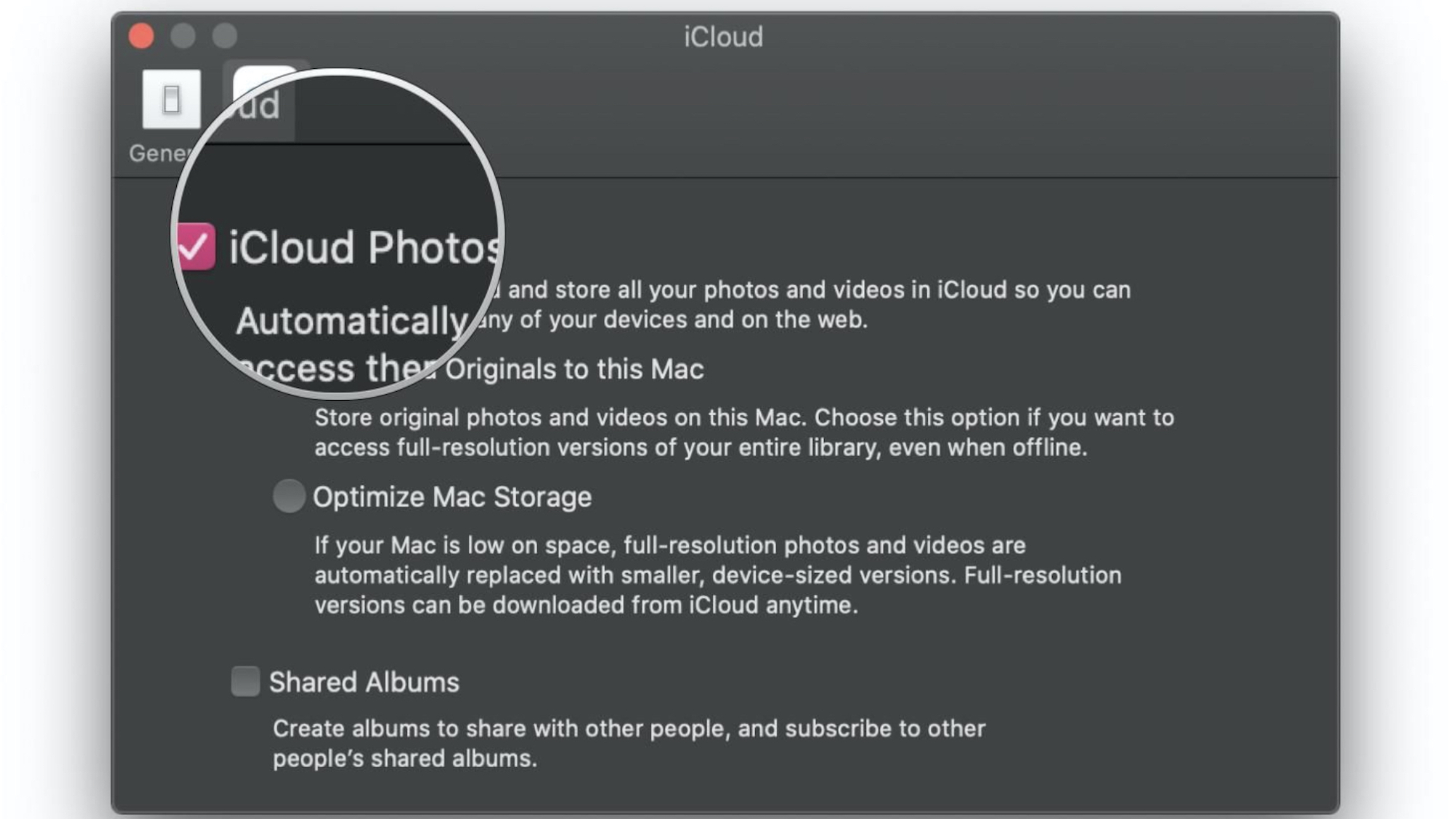 Upload photos and video with iCloud Photo Library by showing steps: Launch Photos, go into Preferences, then check off box for iCloud Photo Library