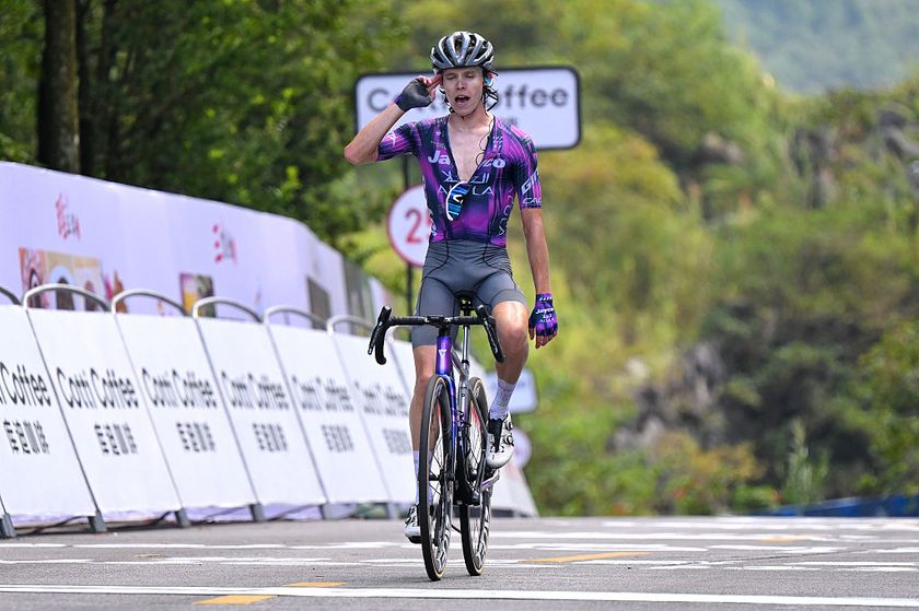 NONGLA, CHINA - OCTOBER 18: Paul Double of Great Britain and Team Jayco AlUla celebrates at finish line as stage winner during the 6th Gree-Tour Of Guangxi 2025, Stage 5 a 165.8km stage from Yizhou to Nongla 617m / #UCIWT / on October 18, 2025 in Yizhou, China. (Photo by Tim de Waele/Getty Images)