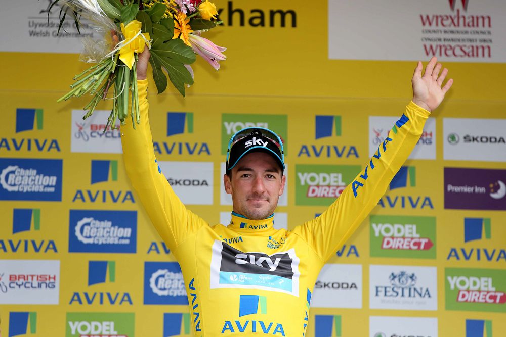 Elia Viviani in the first leader's jersey of the 2015 Tour of Britain.