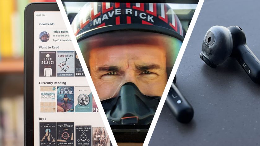 A color Amazon Kindle next to an Amazon Fire TV showing Maverick from Top Gun, next to some Amazon Echo Buds