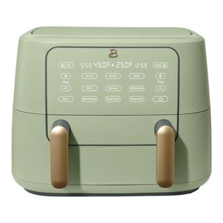 A Beautiful 9-Quart TriZone Air Fryer in sage green on a white background