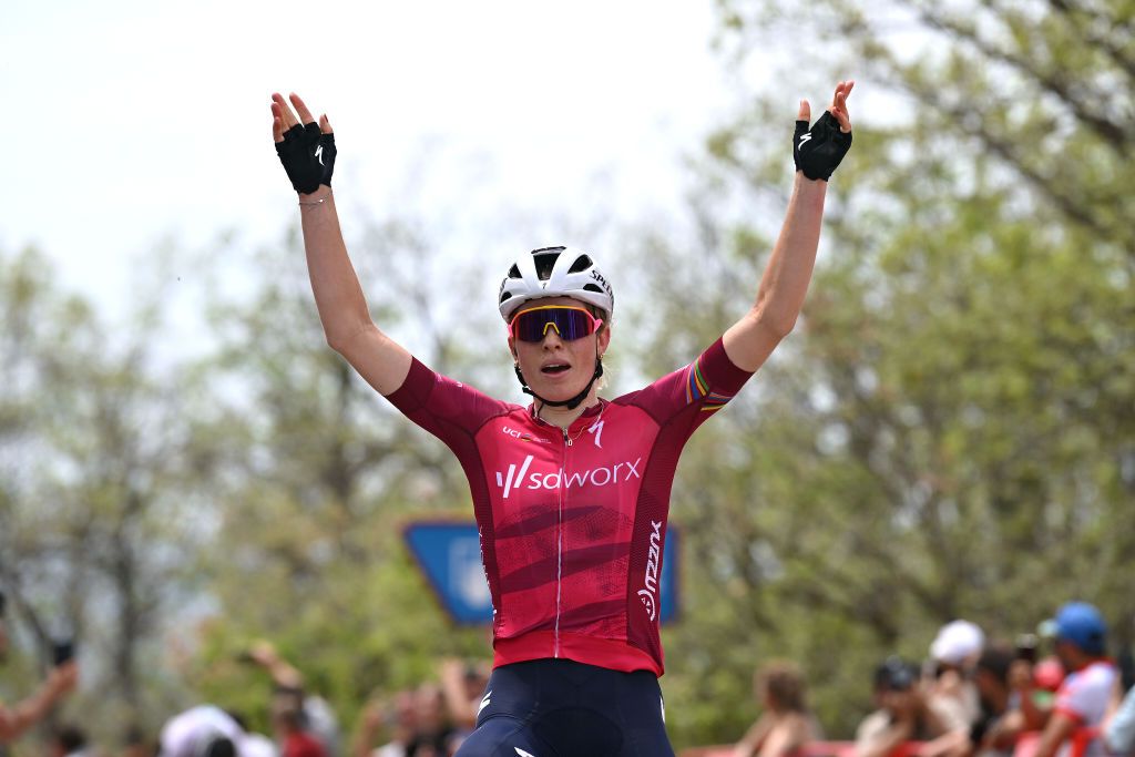 MIRADOR DE PEAS LLANAS SPAIN MAY 05 Demi Vollering of The Netherlands and Team SD Worx Pink UCI Womens WorldTour Leader Jersey celebrates at finish line as stage winner during the 9th La Vuelta Femenina 2023 Stage 5 a 1292km stage from La Cabrera to Mirador de Peas Llanas 1479m UCIWWT on May 05 2023 in Mirador de Peas Llanas Spain Photo by Dario BelingheriGetty Images