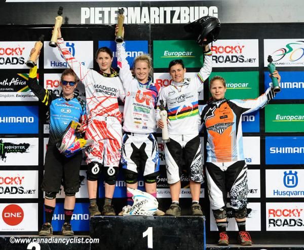 Elite women's downhill podium in Pietermaritzburg: Jill Kintner, Manon Carpenter, Tracey Hannah, Emmeline Ragot, Miriam Ruchti