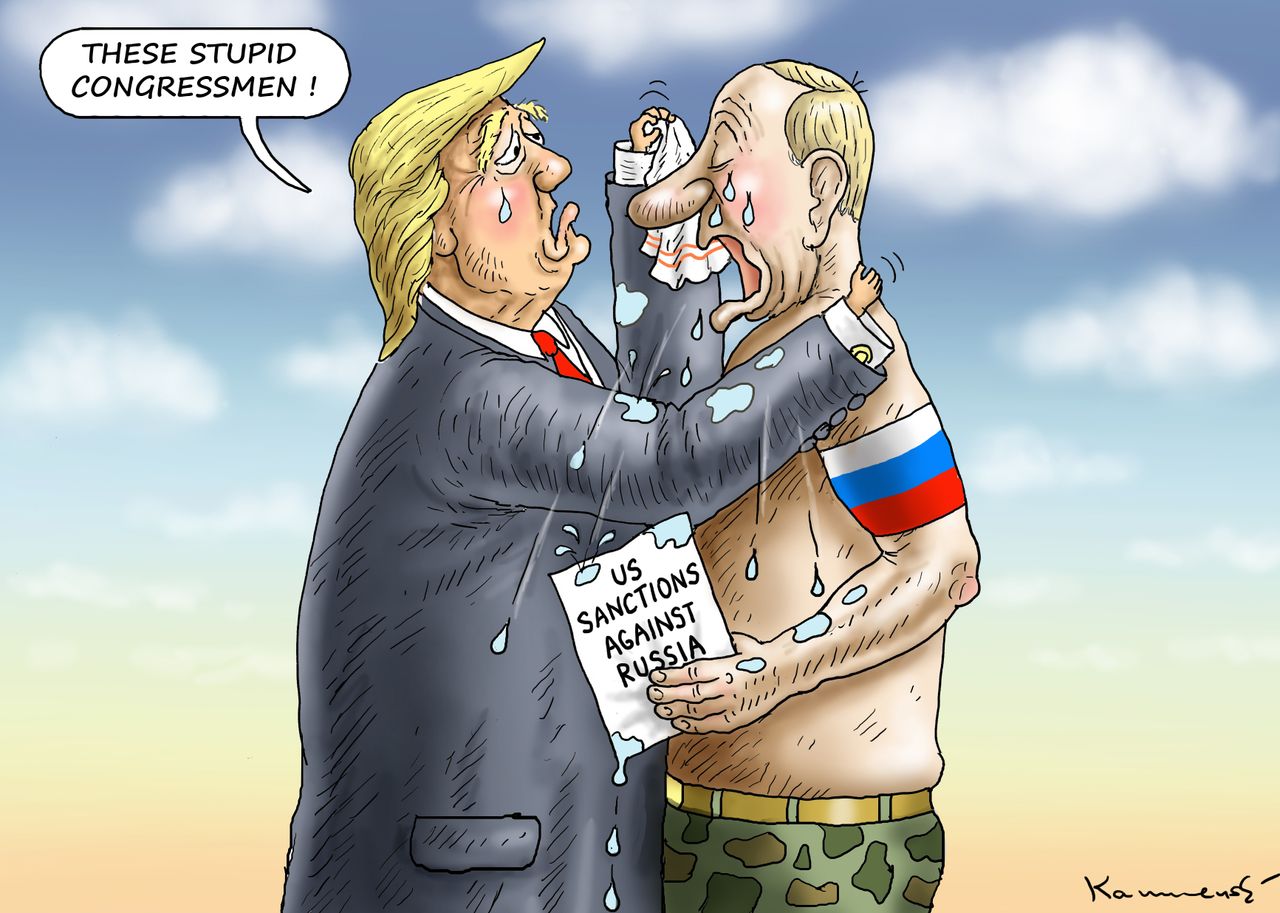 Political cartoon U.S. Trump Putin Russia sanctions