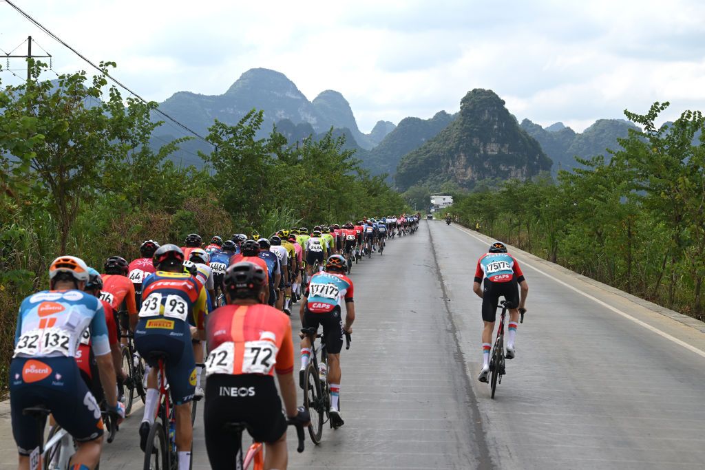JINGXI CHINA OCTOBER 16 A general view of the peloton competing during the 5th GreeTour Of Guangxi 2024 Stage 2 a 1815km stage from Chongzuo to Jingxi 741m UCIWT on October 16 2024 in Chongzuo China Photo by Dario BelingheriGetty Images