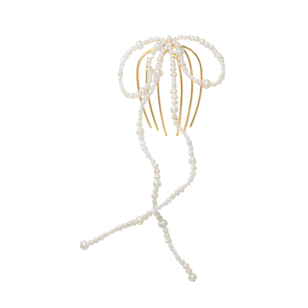 Pearl and Gold Plated Long Bow Hair Comb