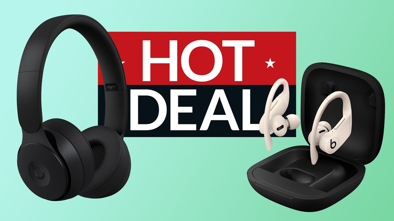 Beats Solo 3 and Powerbeats Pro on turquoise background with sign saying Hot Deal