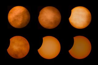 A composite image of several views of a partial solar eclipse seen from Italy on Oct. 25, 2022