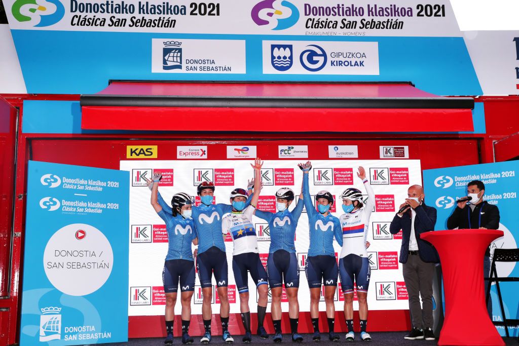 SAN SEBASTIAN SPAIN JULY 31 Annemiek Van Vleuten of Netherlands Alicia Gonzalez Blanco of Spain Jelena Eric of Serbia Sara Martin Martin of Spain Lourdes Oyarbide Jimenez of Spain Gloria Rodriguez Sanchez of Spain and Movistar Team Women prior to during the 3rd Donostia San Sebastian Klasikoa Women 2021 a 1398km race from DonostiaSan Sebastian to DonostiaSan Sebastian Klasikoa KlasikoaWomen UCIWWT on July 31 2021 in San Sebastian Spain Photo by Gonzalo Arroyo MorenoGetty Images