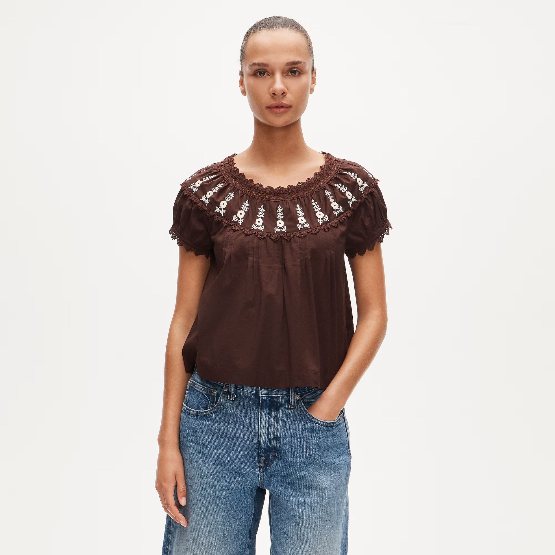 J.Crew, Embroidered cap-sleeve top with lace detail