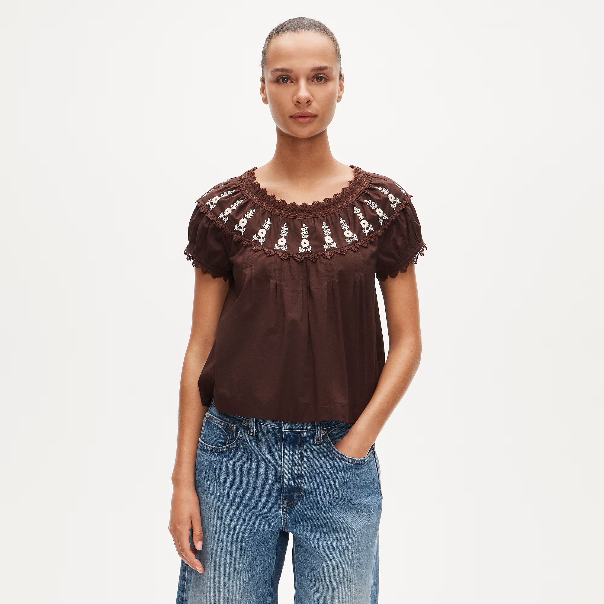 J.Crew, Embroidered cap-sleeve top with lace detail