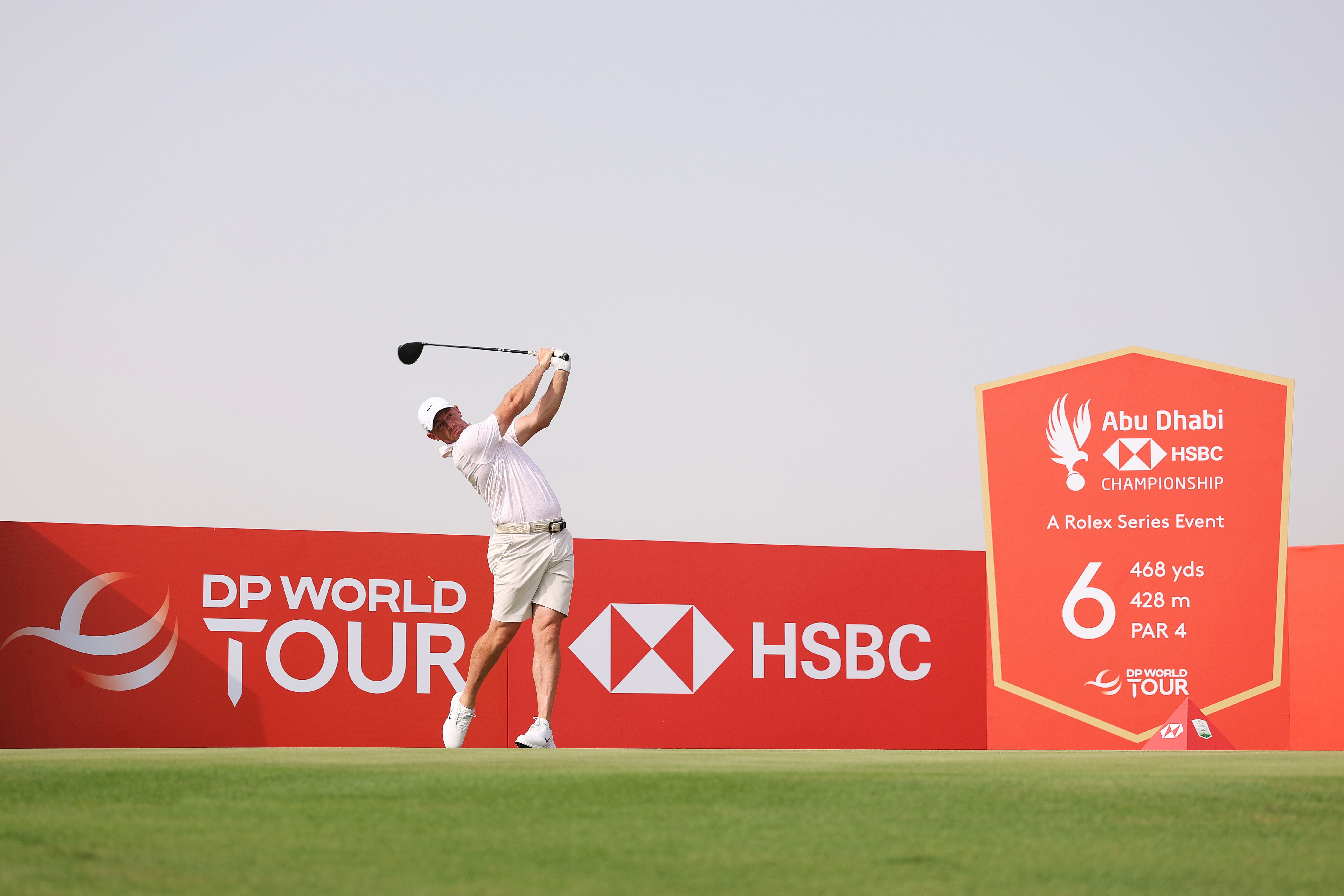 Rory McIlroy hits a drive in practice for the 2025 Abu Dhabi HSBC Championship