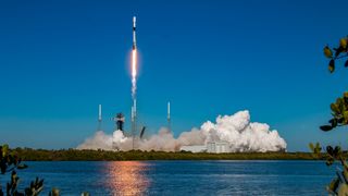 A SpaceX Falcon 9 rocket launches the Merah Putih 2 telecommunications satellite on Feb. 20, 2024.