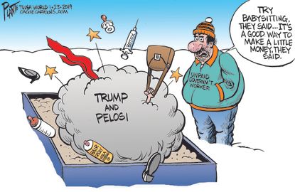 Political cartoon U.S. Trump Nancy Pelosi government shutdown federal worker