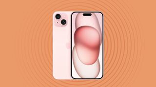 Apple iPhone 15 Plus on orange background