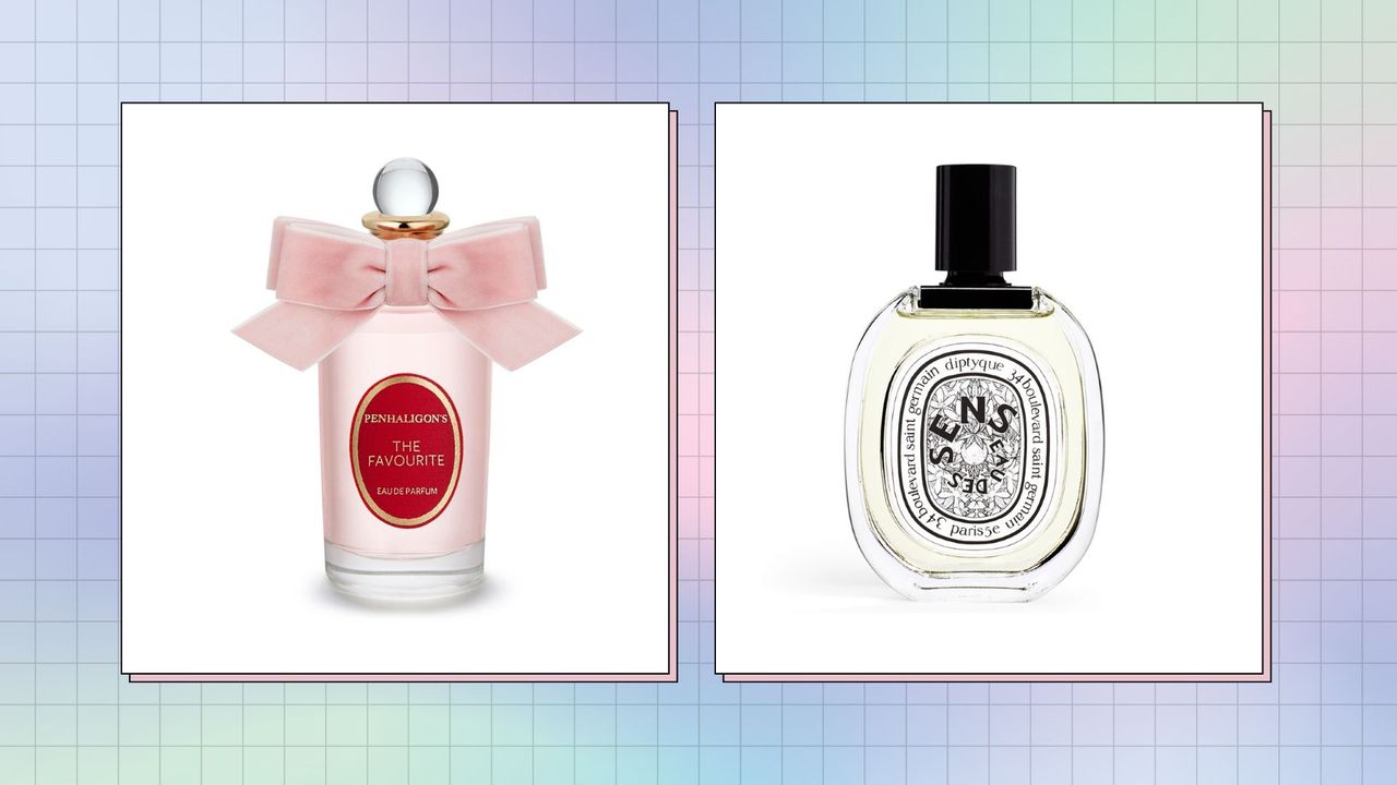 A collage image with pictures of two of the best floral perfumes from Diptyque and Penhaligon&#039;s, on a blue background