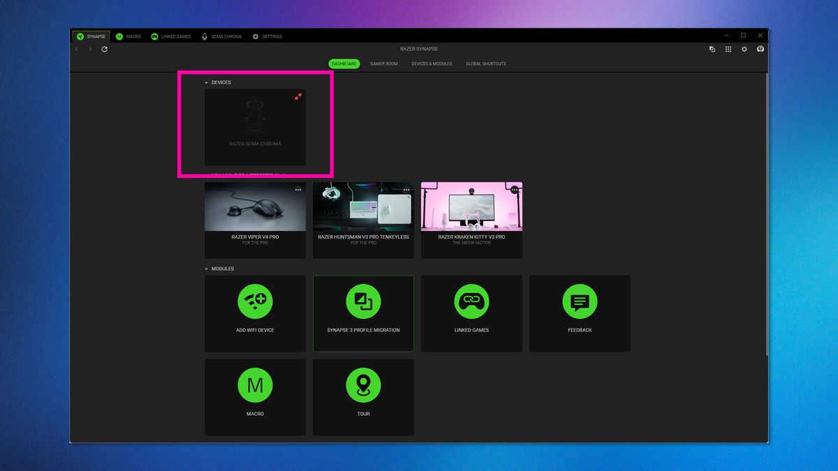 A screenshot of the Razer Synapse app being used to customize the Razer Soma Chroma